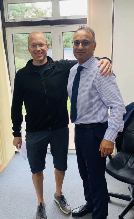 Mathew with Mr Trikha after his knee treatment